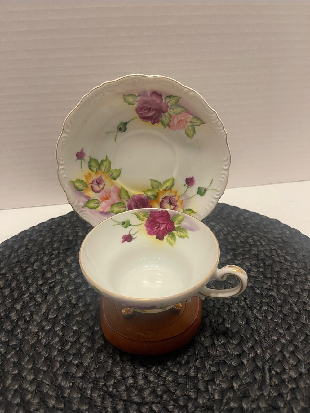Norcrest Vintage Floral Porcelain Teacup and Saucer Pink purplish Rose Accent
